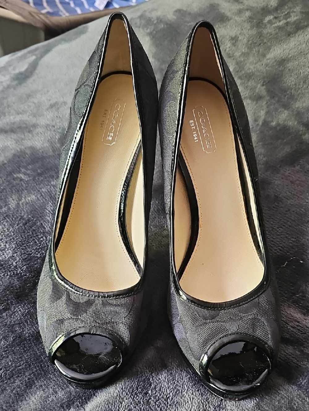 Coach Black Signature Peep-Toe Heels with Patent Trim